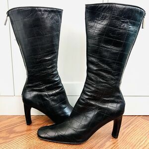 Claudia Ciuti Black Leather Texture Mid Calf Luxury Boots Size 9M Made In Italy